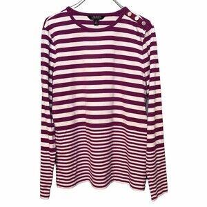 Lauren Ralph Striped Snap Trim Long Sleeve Top Shirt Sz Large Pink/Purple white
